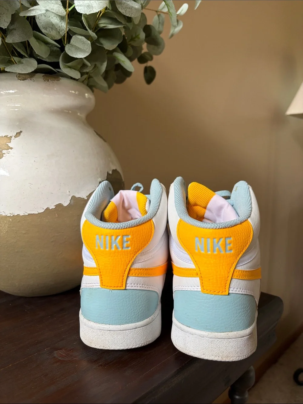 Nike White, Light Blue and Yellow High-Top Athletic Sneakers